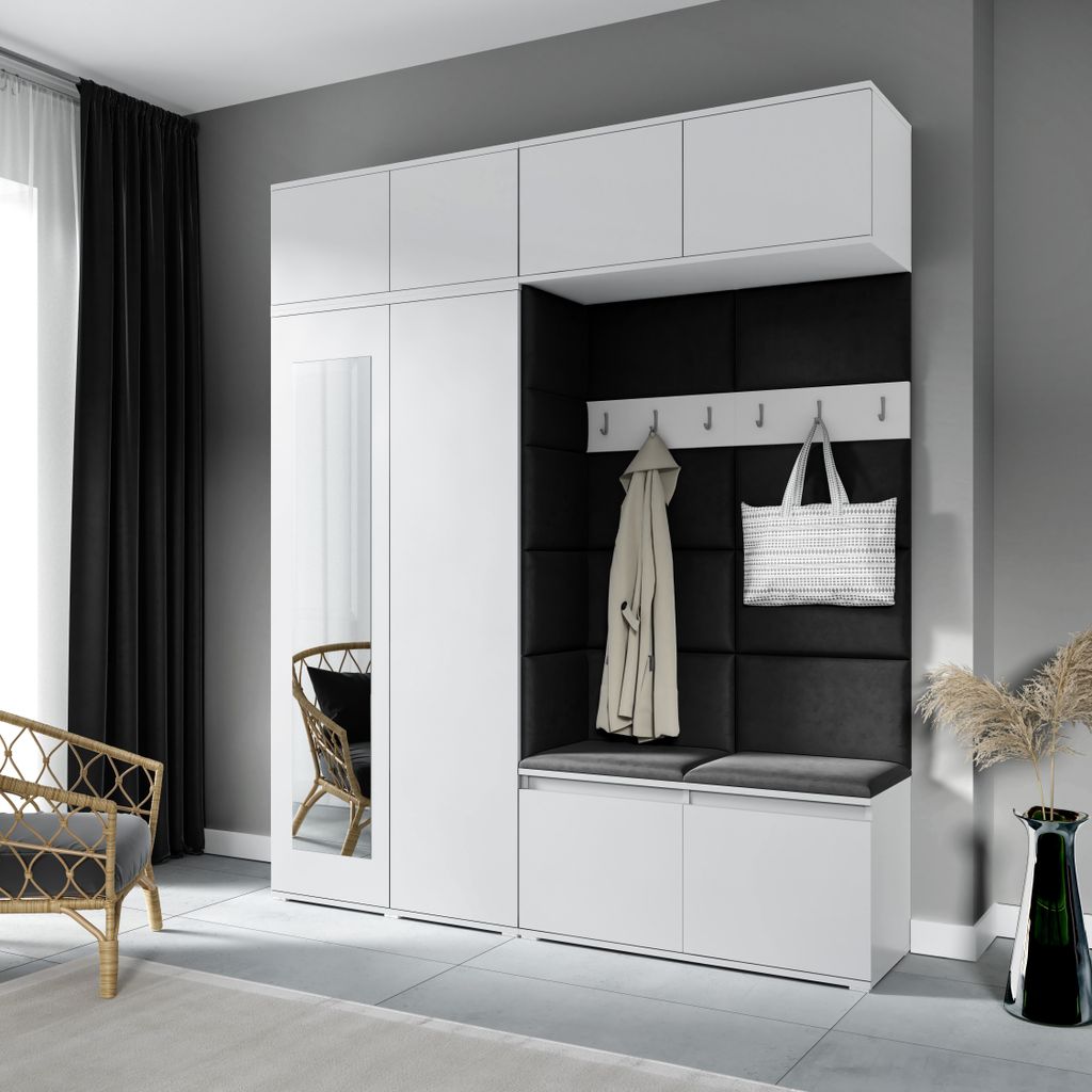 Garderoben-Set NIKOLA Kleiderschrank mit Polsterplatten, Schuhschrank und Schrankaufsatz 90 cm – Ideal für Flur und Eingangsbereich (Weiß, Trin...