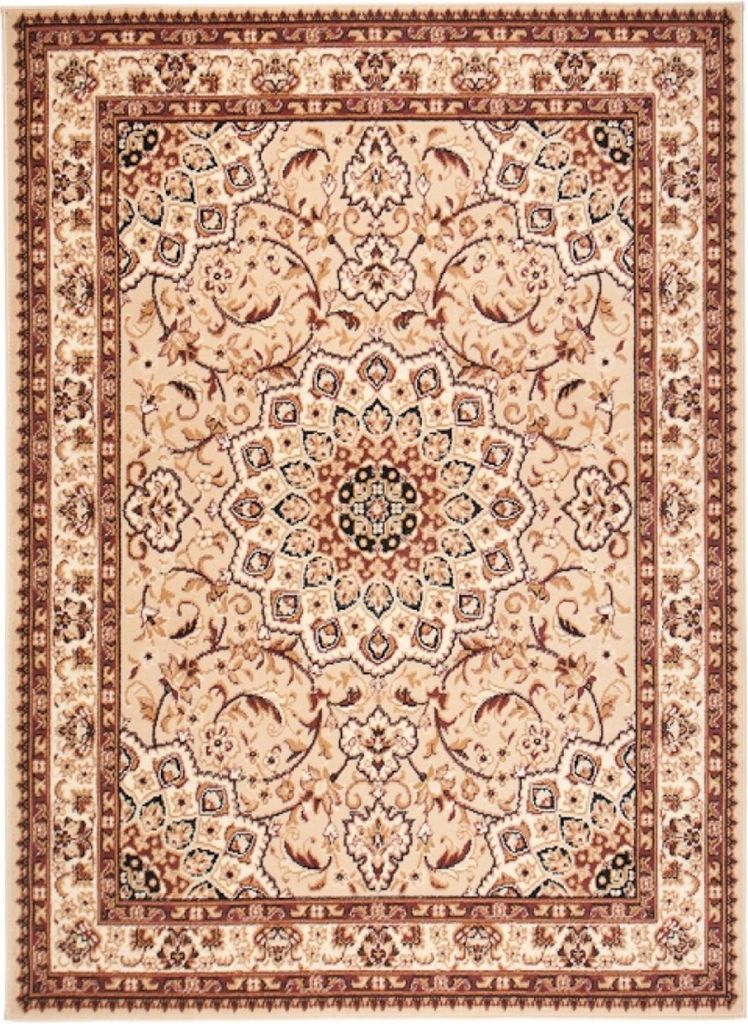 A top-down view of a rectangular rug with a traditional Persian design.