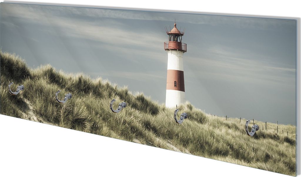 Wallario Flurgarderobe Wandgarderobe aus Glas, mit 5 Haken, Größe 80 x 30 cm, Motiv Leuchtturm auf der Düne am Strand