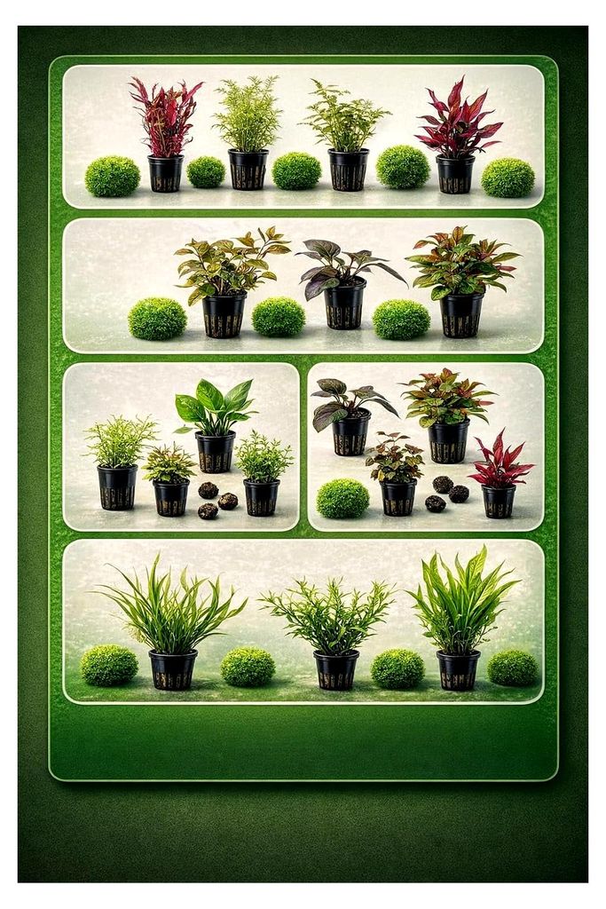 Aquarienpflanzen-Set mit 3 Topfpflanzen, Alternanthera, Echinodorus, Ludwigia und 3 Mooskugeln in 5 cm Töpfen