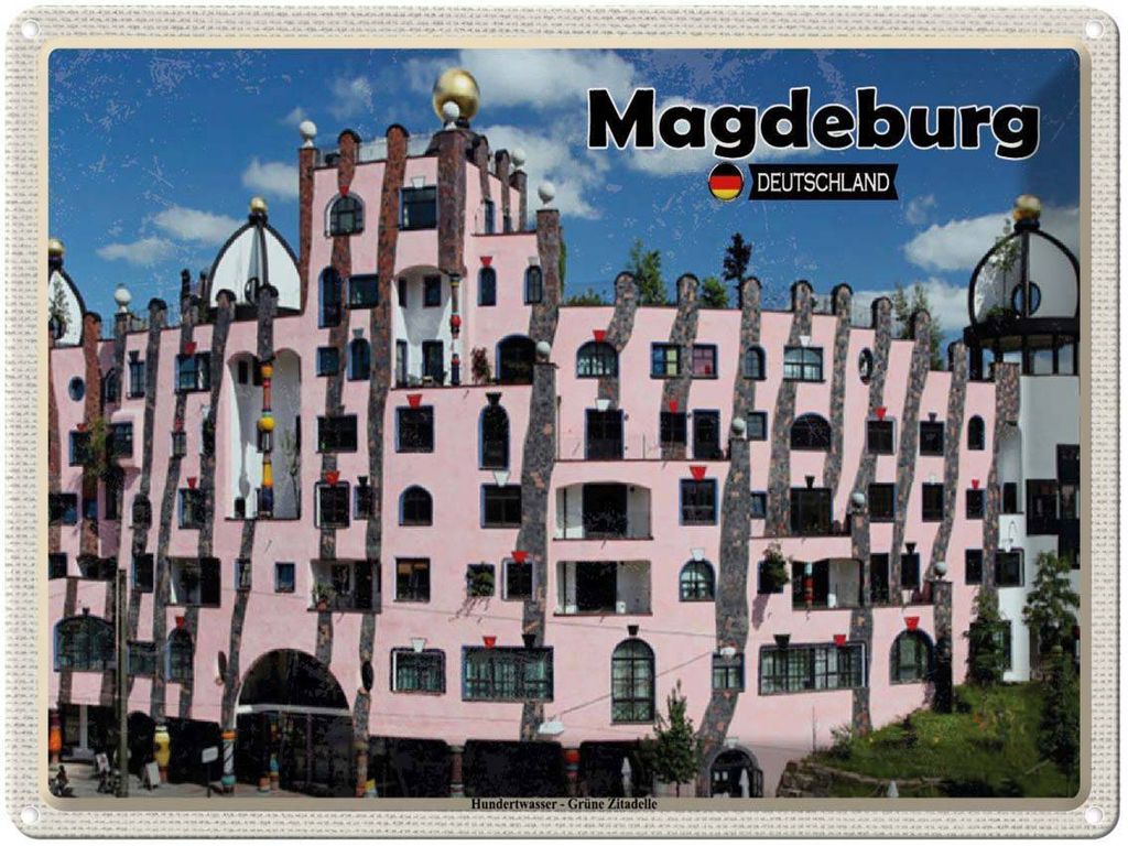 vianmo Blechschild 30x40 cm Magdeburg Hundertwasser Gebäude Bildmotiv Reisemotiv Abenteuer Reisen