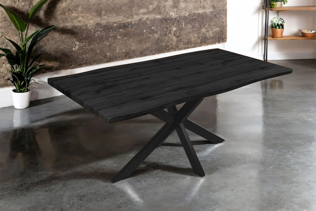 Esstisch Josy | 180 x 90 cm | Holz-Optik in Grau | Spider-Gestell Metall schwarz | 40 mm Tischplatte mit Baumkante | Tisch für Esszimmer & Küche