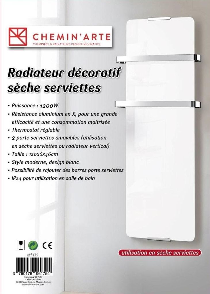 Scaldasalviette elettrico bianco 1200w Chemin'arte 175 Immagine del prodotto 