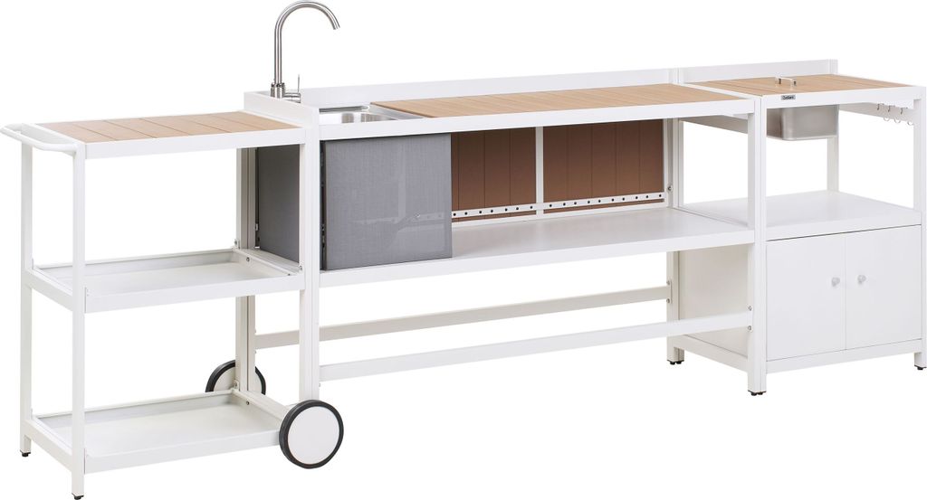 BELIANI Gartenküche 3-teilig Weiß Aluminium Aufbewahrungsschrank Insel Spüle Servierwagen Gartenküche Kochstelle