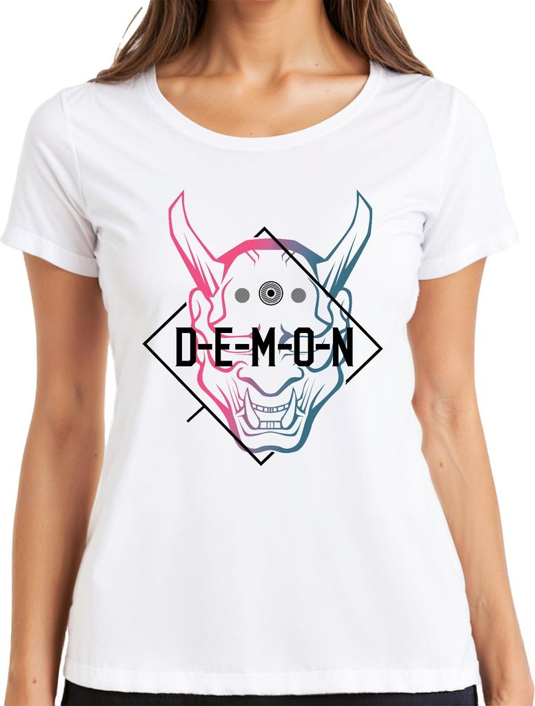DEMON Oni Maske Halloween Anime Manga Gaming Vaporwave Streetwear Damen T-Shirt, Weiß, M