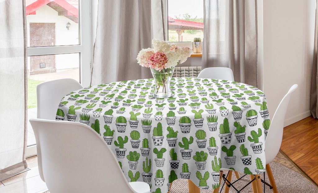 ABAKUHAUS Kaktus Runde Tischdecke, Saftige Zimmerpflanzen, Kreis Tischdecke Abdeckung für Esszimmer Küche Dekoration, 150 cm, Grau Apfelgrün
