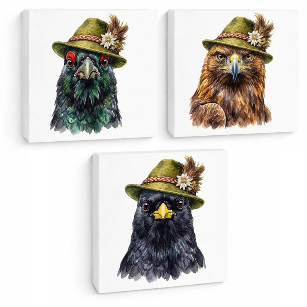 Trachtenhut Feder-Tiere 3er Set Holzbilder in 10x10 cm zum Stellen oder