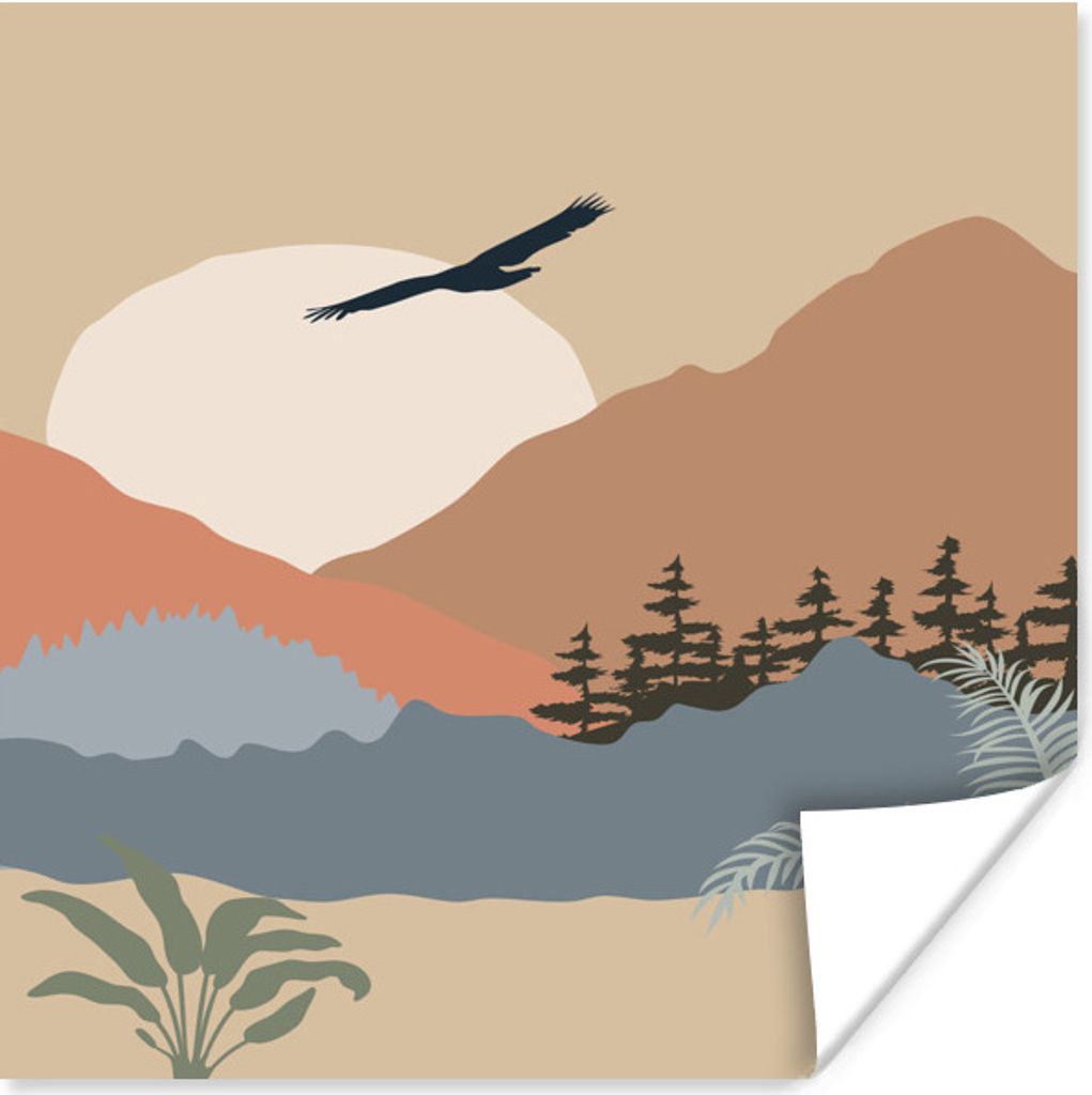 MuchoWow Poster Pastell - Vogel - Berge 50x50 cm - Wohnzimmerdekoration