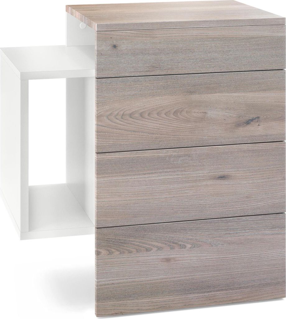 Vladon Nachttisch Queens, Germany, Nachttischschrank mit 2 Schubladen und 1 seitlichem Fach zur Wandmontage, Weiß matt/Eiche Nordic (60 x 63 x 36 cm)
