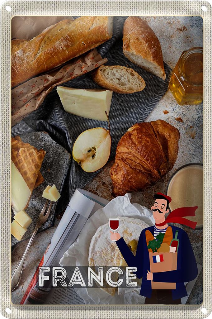 Blechschild Reise 20x30cm Frankreich Camembert Croissant Birne
