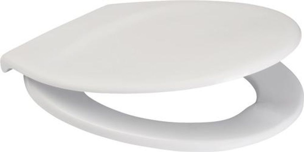 A white toilet seat is shown from a slightly elevated side angle against a white background.