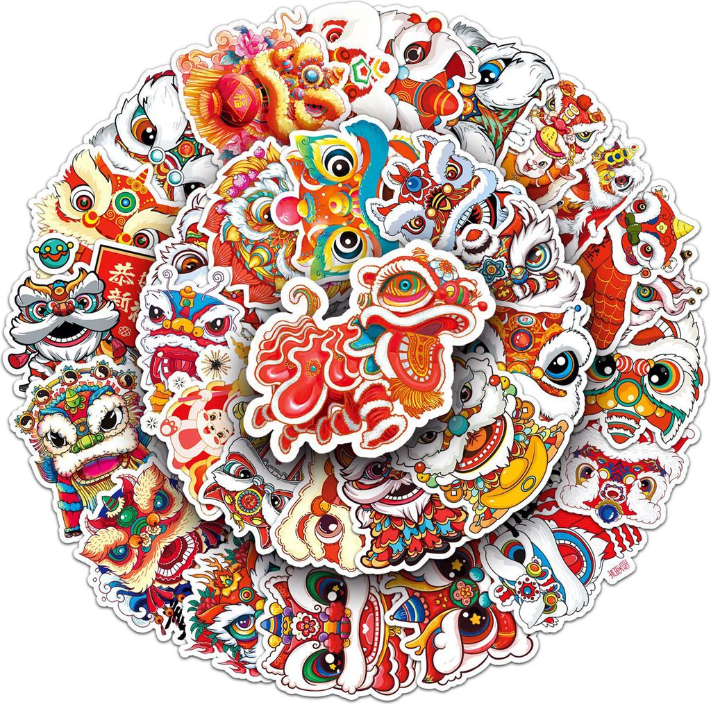 50 Stück Löwentanz-Aufkleber, chinesischer traditioneller Kulturtrend, wasserdichter PVC-Aufkleber für Laptop, Koffer, Skateboard