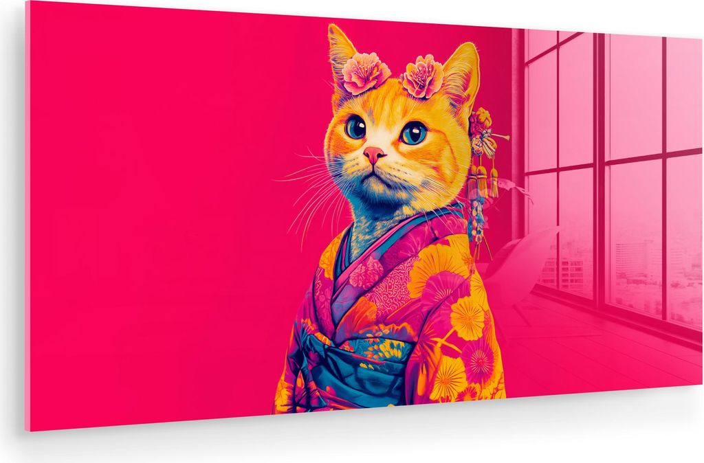 MuchoWow Glasbilder - Bilder auf Wandbild - Foto auf Glas Katze - Kimono - Blumen - Rosa 120x60 cm Wanddekoration aus Glas - Acrylglasbild - Acrylb...