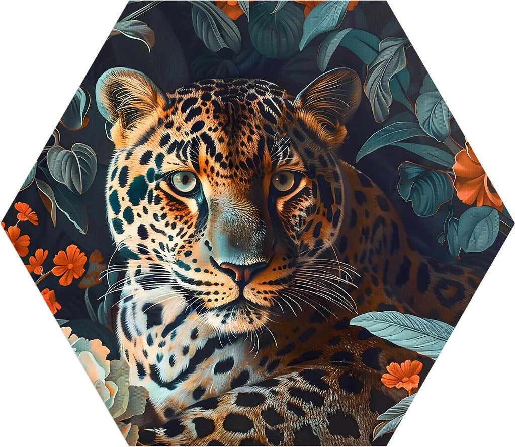 DEQORI Fototapete Sechseck 150x130 cm 'Leopard im Blütenmeer' Wand Tapete Sticker