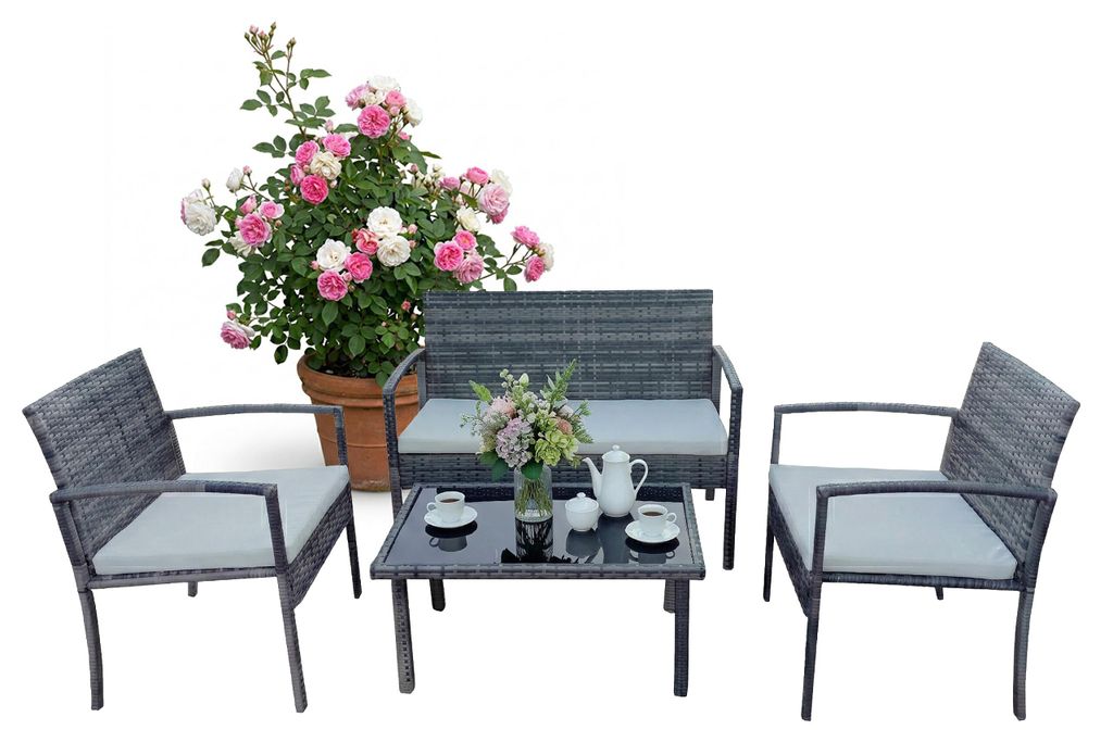 Relaxdays Gartenmöbel Set, 4-tlg. Rattan Sitzgruppe, 4 Personen, Bank, Stühle & Glastisch, Loungemöbel, outdoor, grau