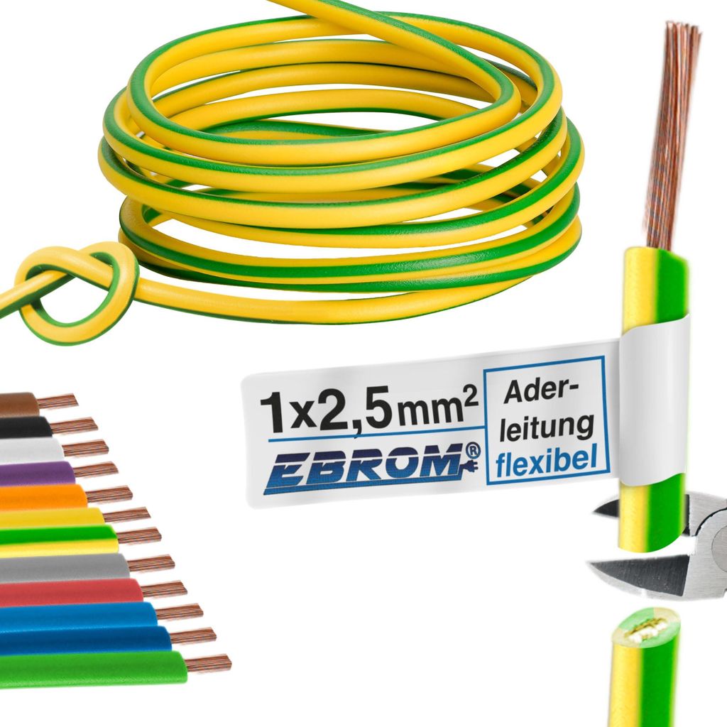 Aderleitung Verdrahtungsleitung - Einzelader flexibel - PVC Leitung - H07V-K 2,5 mm² - Farbe: grün gelb - viele Längen in 5 Meter-Schritten lief...