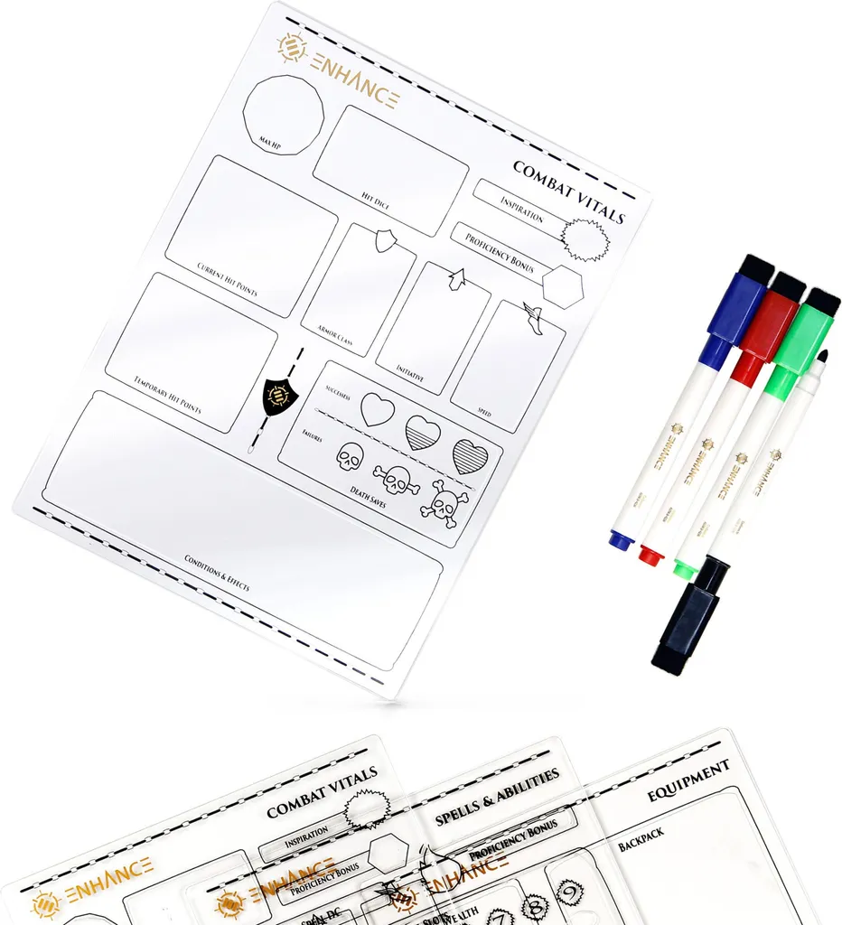 Feuilles de Personnage JDR en Acrylique - Pack de 4 Plateaux Effaçables