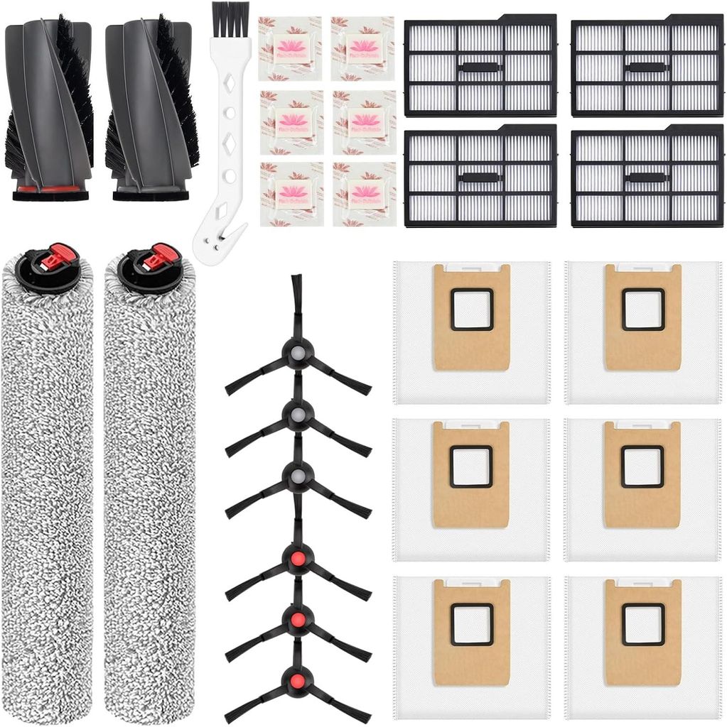 26 Stück Zubehör für eufy E25 / E28,1 Paar Hauptbürsten, 2 Roller-Wischtücher, 4 rechte Seite Filter, 6 Seitenbürsten, 6 Staubbeutel, 6 Flach...