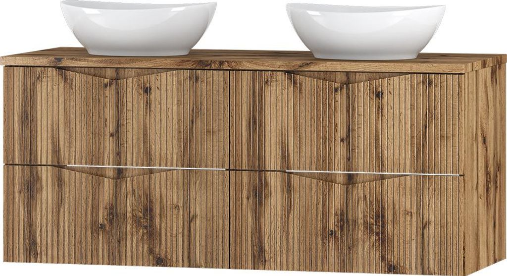 Badezimmer Doppelwaschtisch mit 120 cm Breite in Eiche mit gerillter Front, 4 Schubladen - CALURI-140