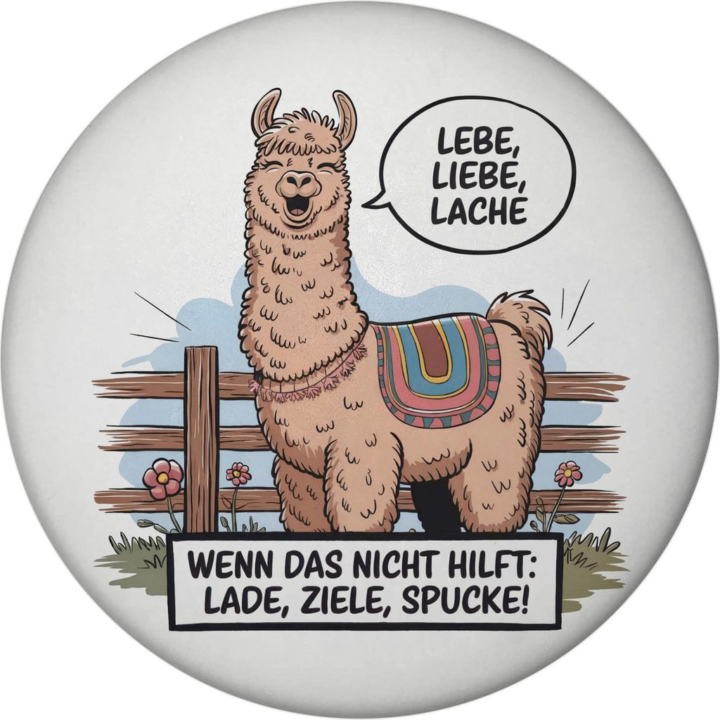 Lachendes Lama - Lebe liebe lache Magnet mit Flaschenöffner rund