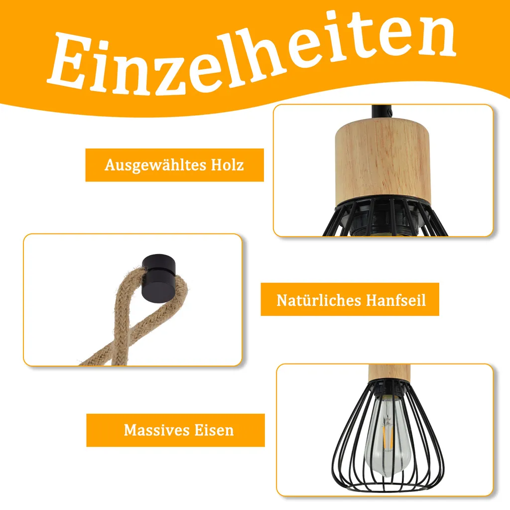 ZMH lampada a sospensione tavolo da pranzo lampada a sospensione soggiorno vintage lampada sala da pranzo nero lampada a sospensione sala da pranzo 5 fiamme retrò metallo corda di canapa in legno industriale E27 lampada a sospensione per pub senza lampadine - 7