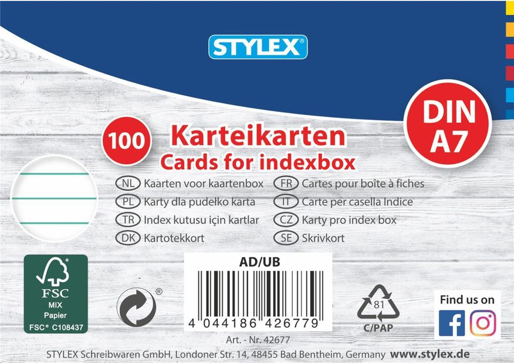 Stylex 42677 Karteikarten, DIN A7, liniert, 140g/m² - 100 Stück
