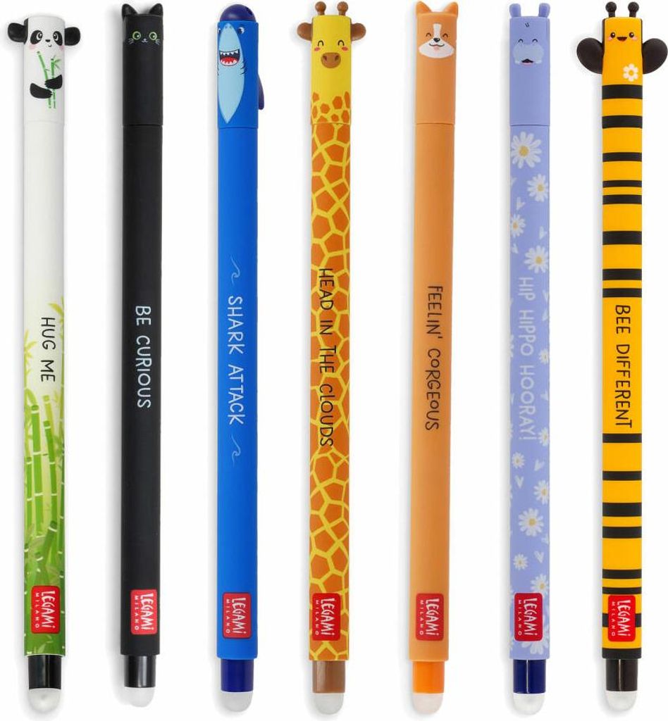 Legami Erasable Gel Pen Set, 7-tlg., löschbare Gelstifte, Gelschreiber, Katze, Biene, Corgi, Giraffe, Panda, Hai, Nilpferd