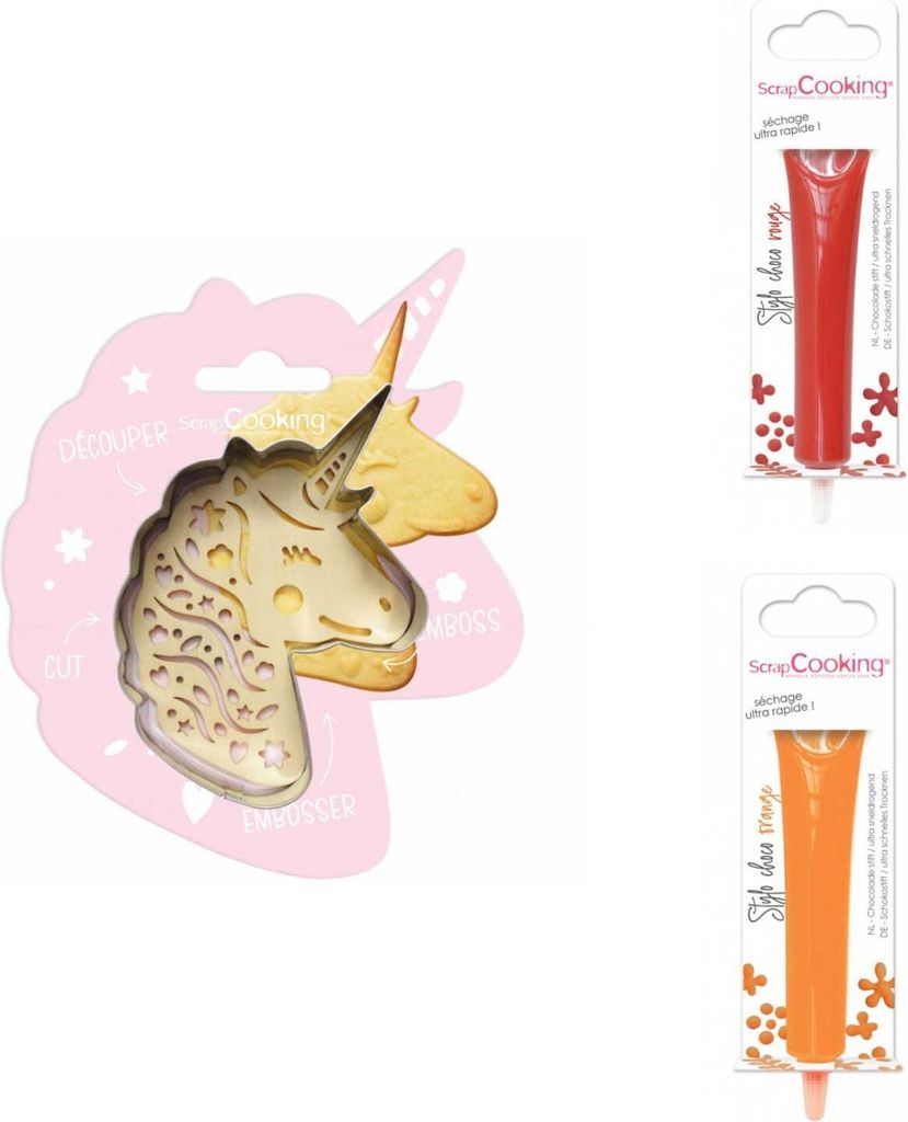 Einhorn-Relief-Plätzchen-Set + 2 rote und orangefarbene Schokoladenstifte