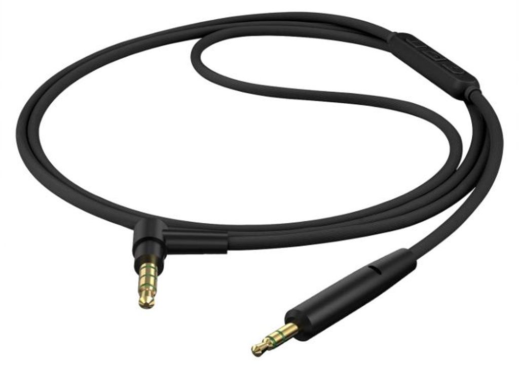A black audio cable with 3.5mm connectors and an inline microphone control.