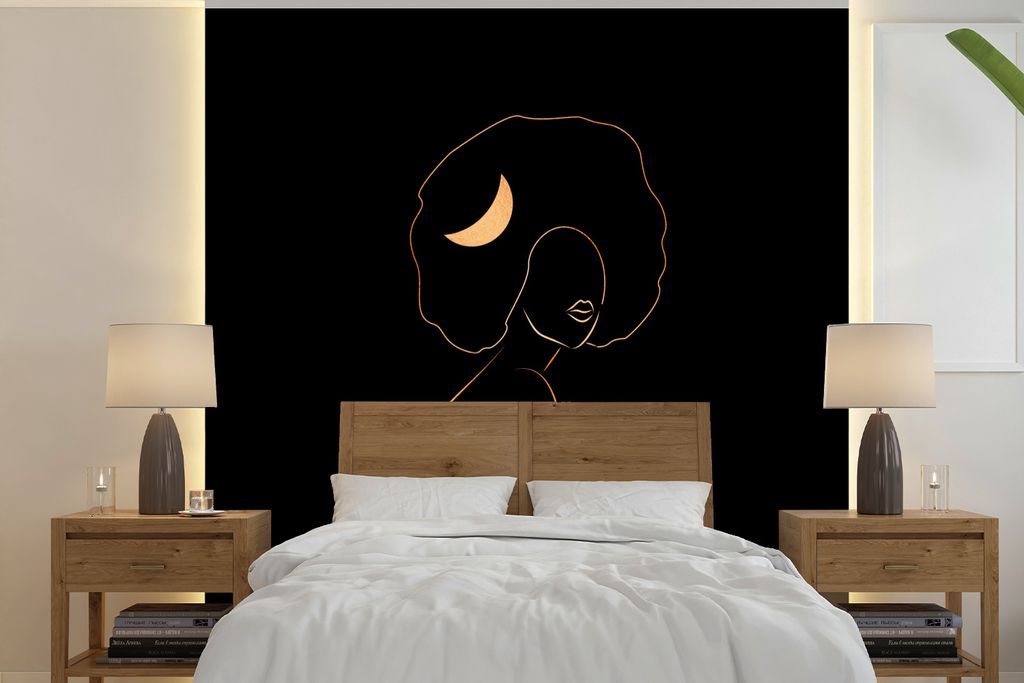 MuchoWow Fototapete für Wohnzimmer oder Schlafzimmer Wandtapete Vinyl Motivtapete Frau - Mond - Gold - Strichzeichnung - 220x220 cm - Tapeten