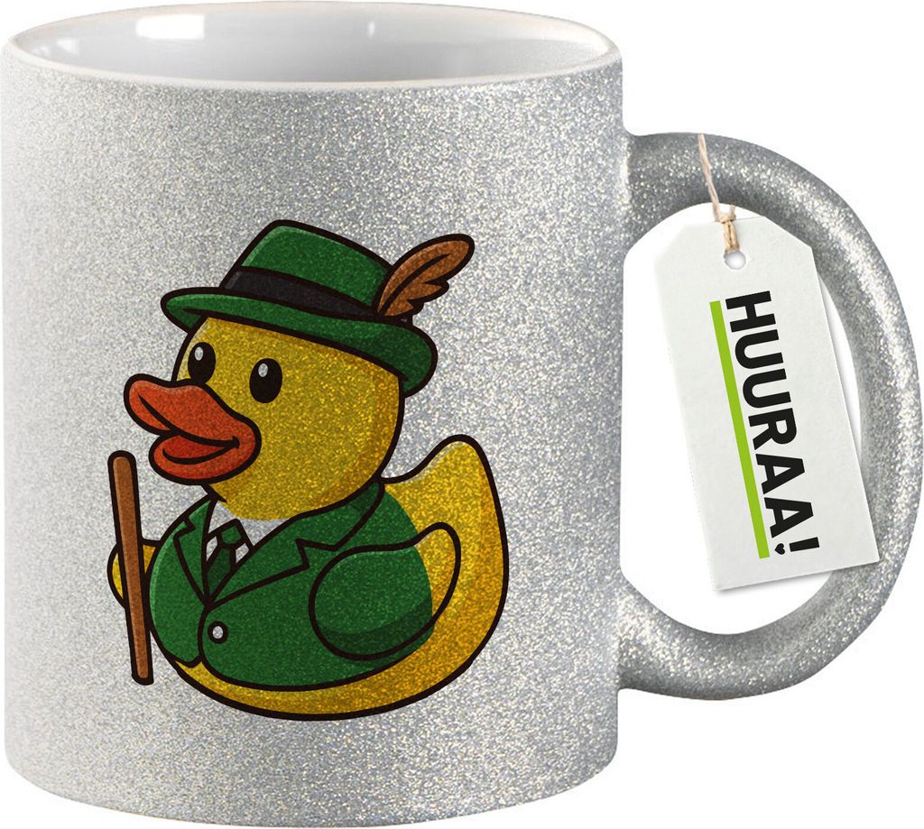 Huuraa Glitzertasse Quietscheente Schützenbruder Gummiente Schützenfest 330ml Silber Keramik Kaffeebecher Geschenkidee