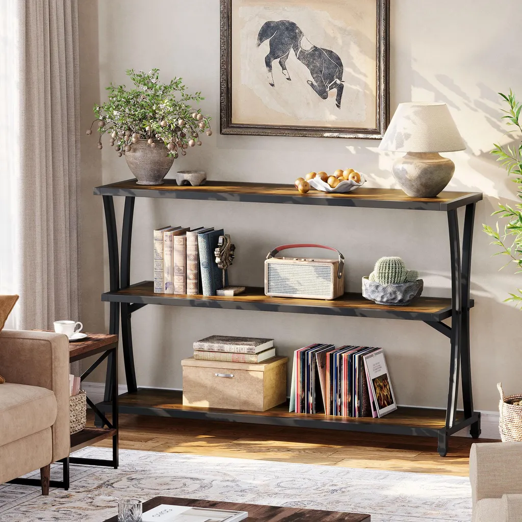 Table d'appoint style industriel 110 cm avec compartiments de rangement