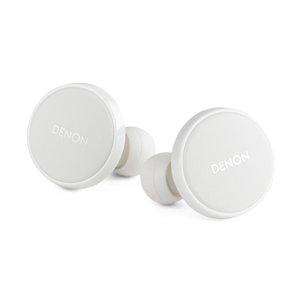 A pair of white Denon in-ear headphones on a white background.