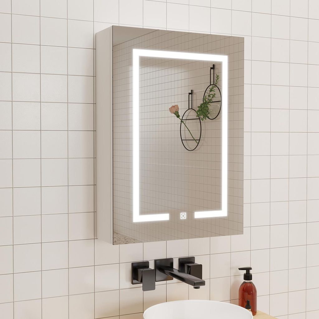 LED Spiegelschrank 40x70 cm mit Rasier-Steckdose Drei Lichtfarbe Dimmbar Touch/Wandschalter Beschlagfrei IP44 - Weiß Matt