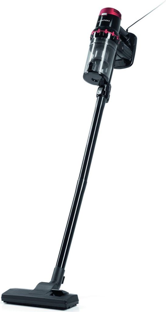 A black and red cordless vacuum cleaner is shown against a white background.