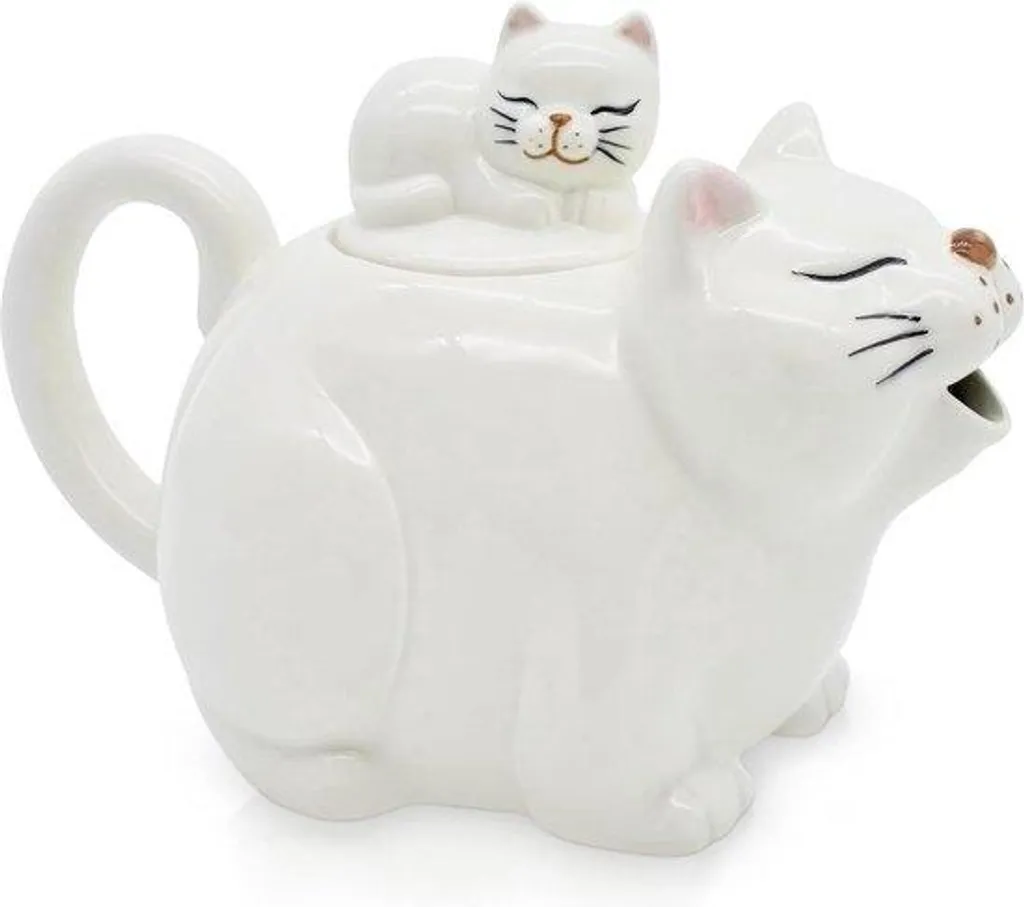 Théière en céramique chat blanc avec filtre amovible et anse design