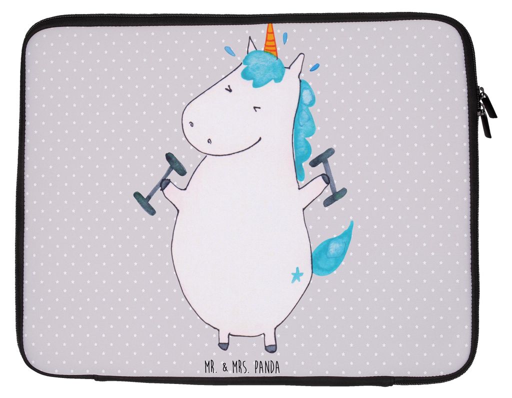 Mr. & Mrs. Panda Laptop Sleeve Einhorn Fitness 33 x 42 cm - Grau Pastell - Geschenk, Notebooktasche, Sixpack, Laptoptasche, Laptophülle, Fitnessst...