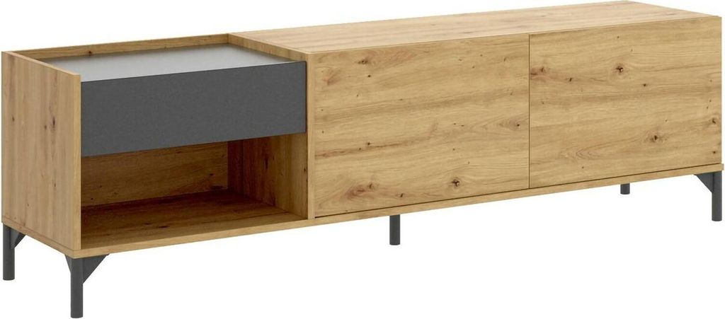 TV-Ständer Dbáe, niedriges Sideboard für Wohnzimmer, Sideboard für Wohnzimmer für Fernseher, 164 x 39 x 49 cm, Eiche Nodes und Anthrazit