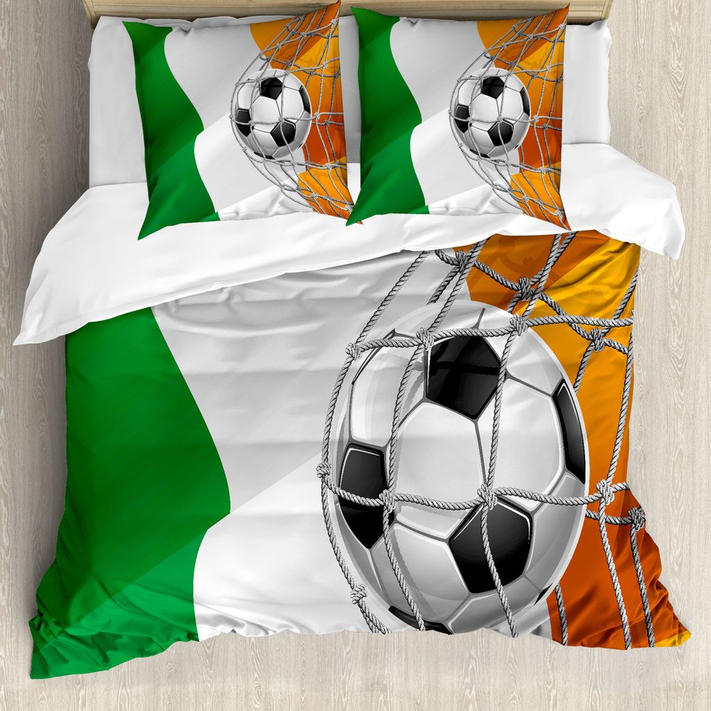 ABAKUHAUS irisch Bettbezug, Fußball im Netz Tor, Milbensicher Allergiker geeignet mit Kissenbezügen, 200 cm x 200 cm - 80 x 80 cm, Mehrfarbig
