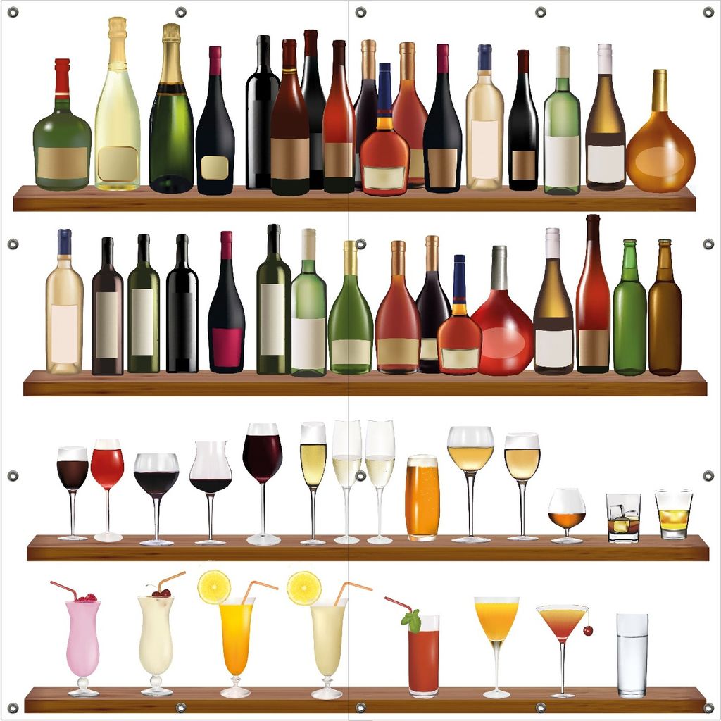 Wallario Outdoor-Poster für Garten oder Balkon, Motiv Schnapsregal mit vielen bunten Flaschen, in ca. 180 x 180 cm