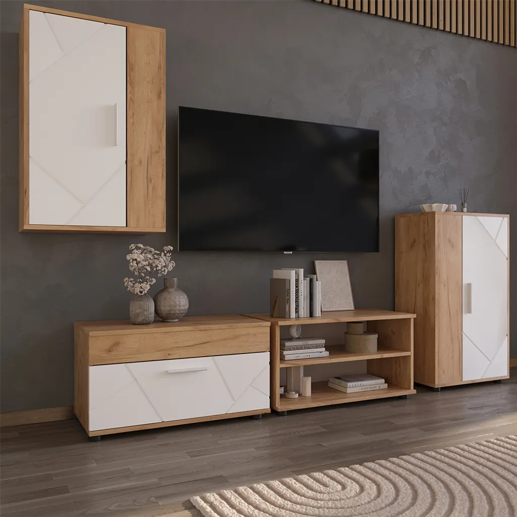 Mobile Soggiorno Vicco Berno Quercia Dorata Bianco - Design 2 Pezzi
