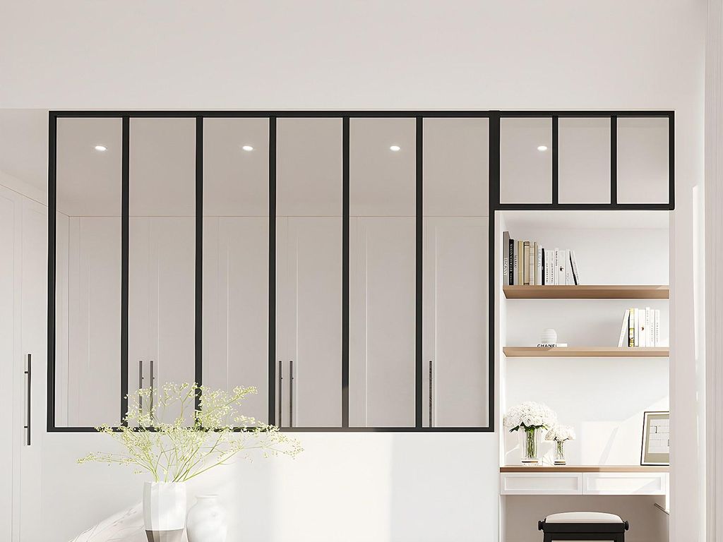 Verglaste Industriewand mit Oberlicht aus pulverbeschichtetem Aluminium - B 180 x H 130 + B 73 x H 40 cm - Schwarz - BAYVIEW