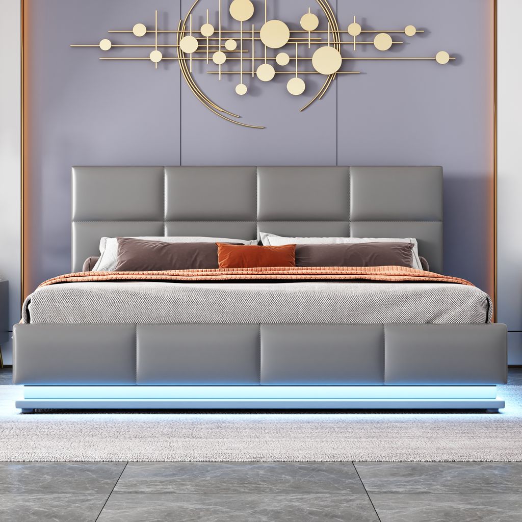 okwish LED-Polsterbett 160 x 200 cm, Lattenrost und Bettkasten aus Metall, Doppelbett mit höhenverstellbarem Kopfteil, hydraulische Lagerung, grau...