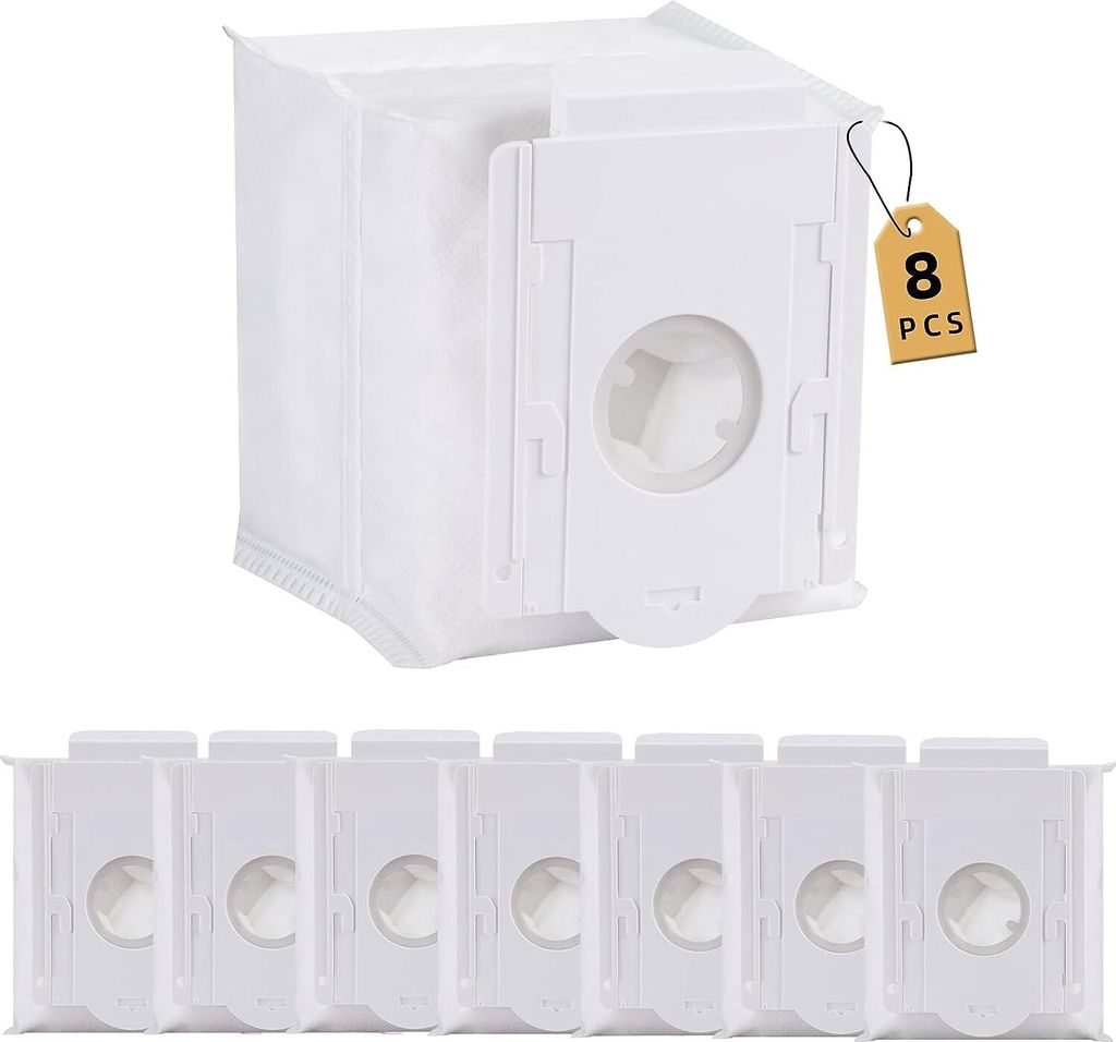 A stack of white vacuum cleaner dust bags with a tag indicating '8 PCS'.