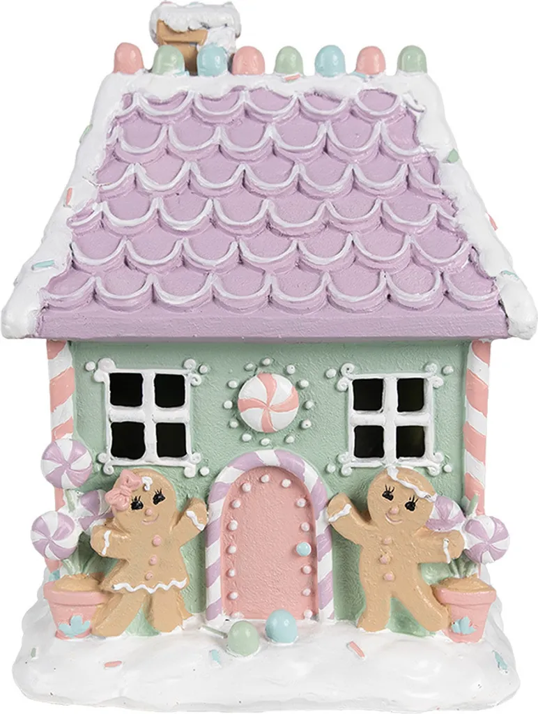 Décoration de table Noël : Maison en pain d'épices rose et verte 21 cm
