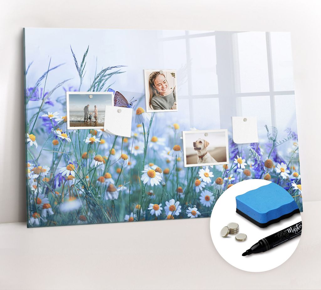 Magnetpinnwand Memoboard - Zubehörsatz - Schwarzer Marker + Schwamm + Magnete - 90 x 60 cm - Schmetterling auf der Wiese