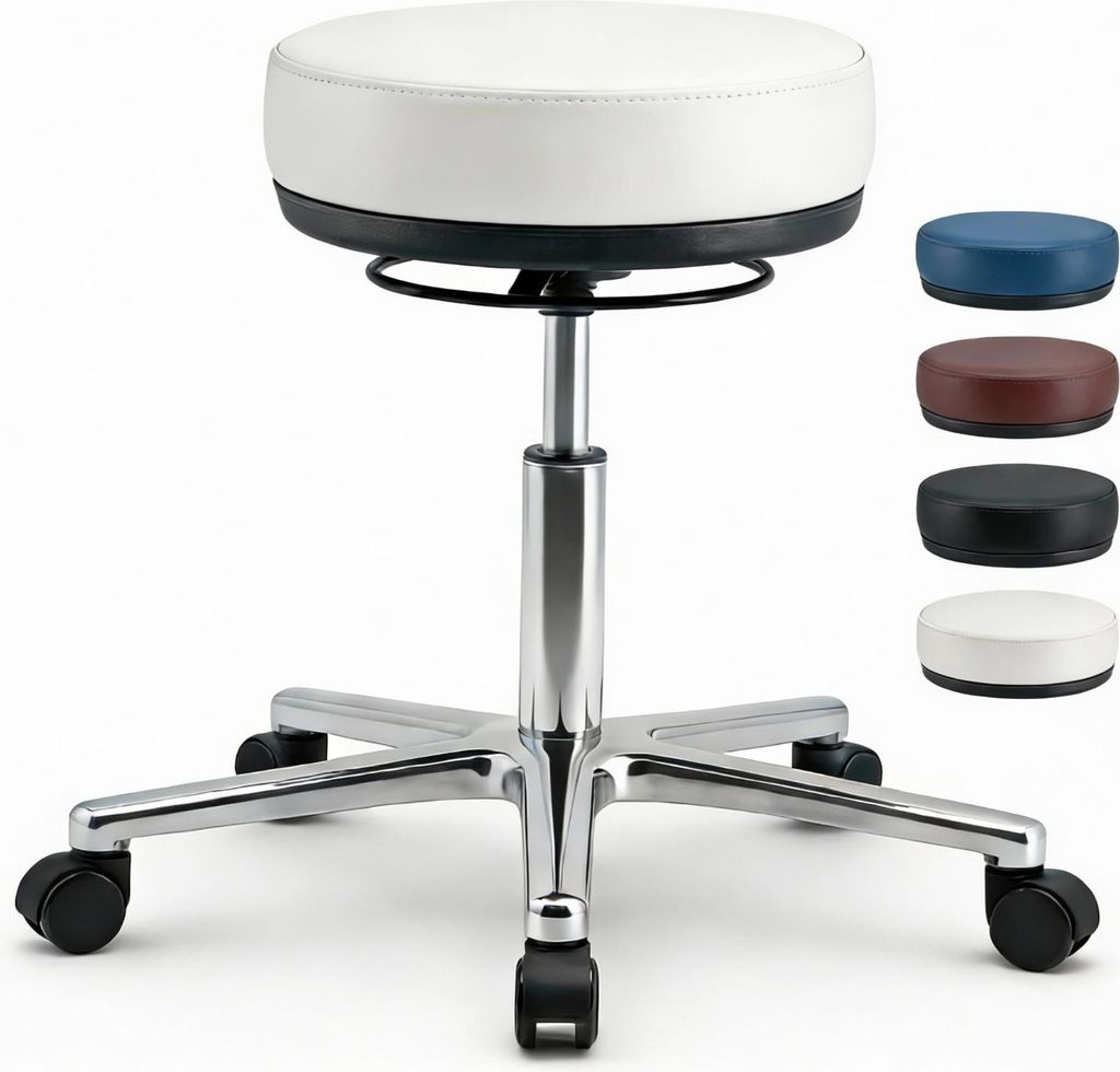 VERSEE Arbeitshocker Echtleder Weiß – ergonomischer Drehhocker 46–62 cm, 150 kg, für Praxis & Studio