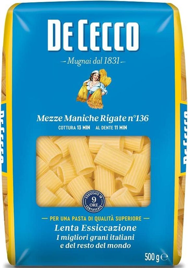 10x De Cecco Mezze Maniche Rigate n°136 Hartweizengrieß Pasta Italienische 500g Packung