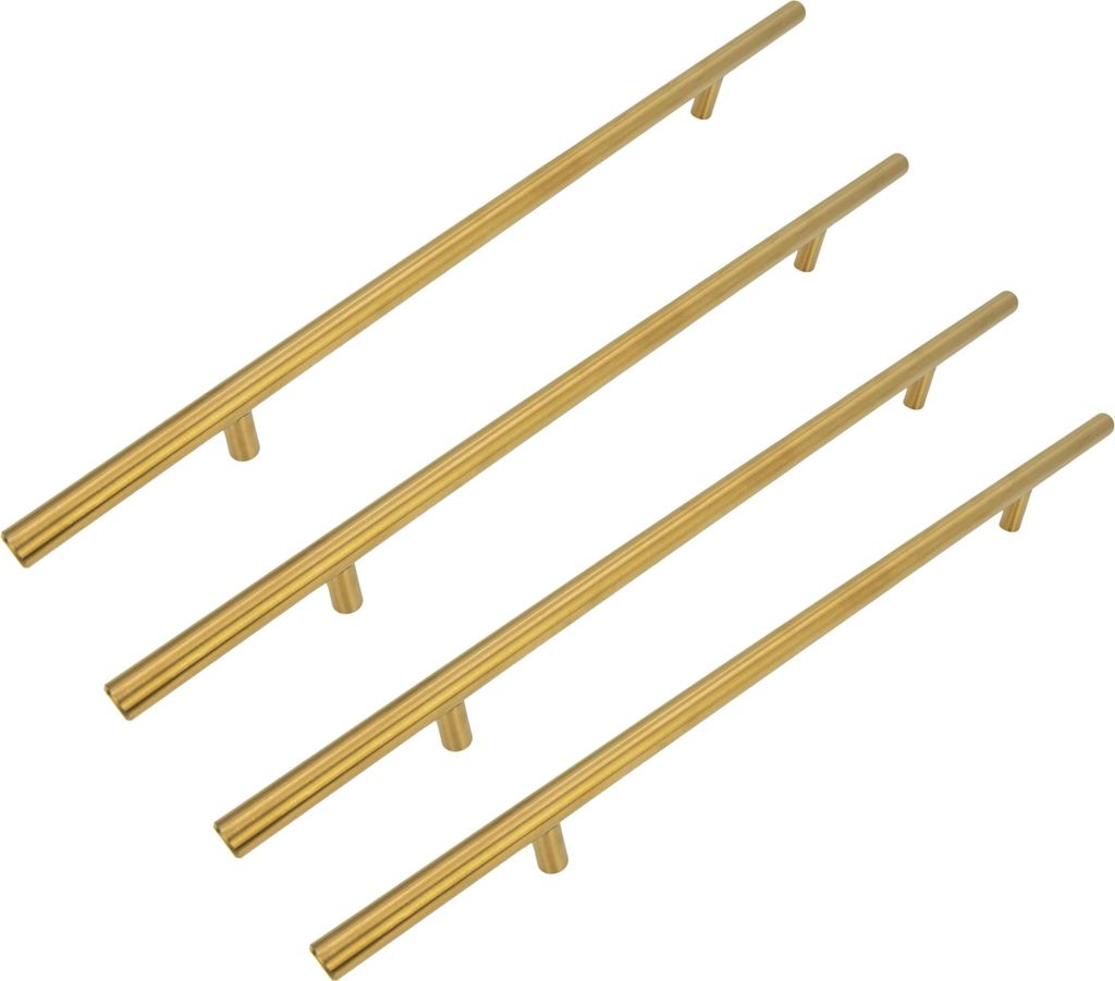 4er-Set Möbelgriff Aurora 256 mm in gebürstetem Gold - Elegante, langlebige Edelstahlmöbelgriffe mit mattem Finish und Montageschrauben.
