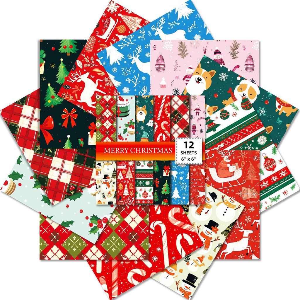 12 Blatt Weihnachts-Papier, verschiedene Designs, DIY Bastelpapier, 15 cm